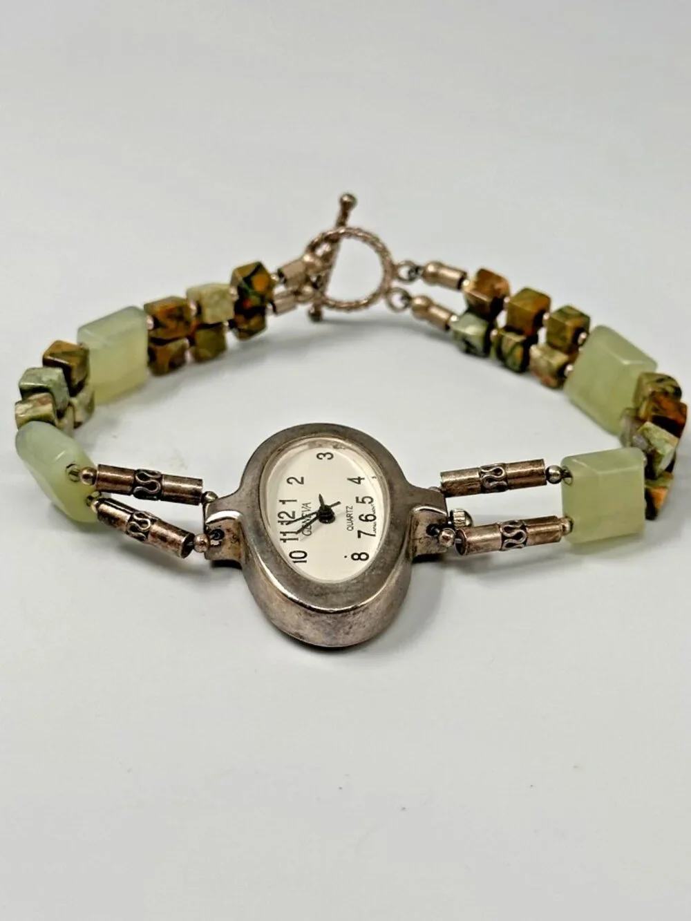 Geneva Watch Women Silver Tone Unakite Beaded Band Sterling Clasp New Battery